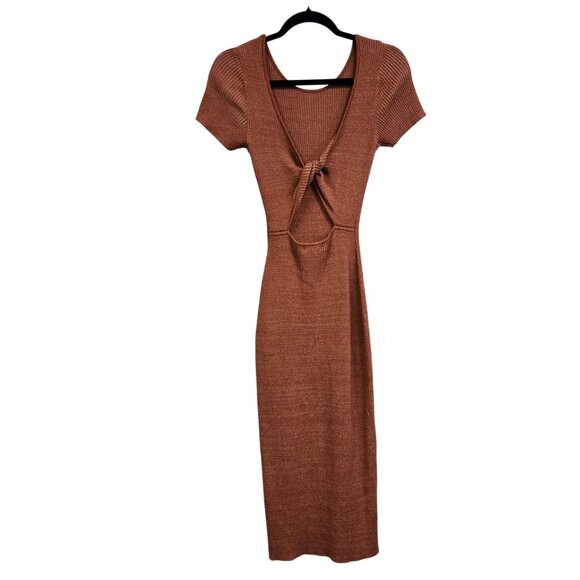 Naadam Women's XS Bodycon Reversible Ribbed Cotton Cashmere Blend Midi Dress Bri - Picture 4 of 11